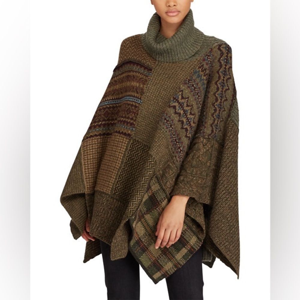 Polo Ralph Lauren Turtleneck Knit Poncho Olive and Brown Fair Isle Patchwork - Picture 8 of 16